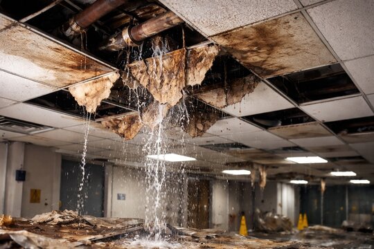 Moisture compromised ceiling tiles due to broken water pipes in commercial property