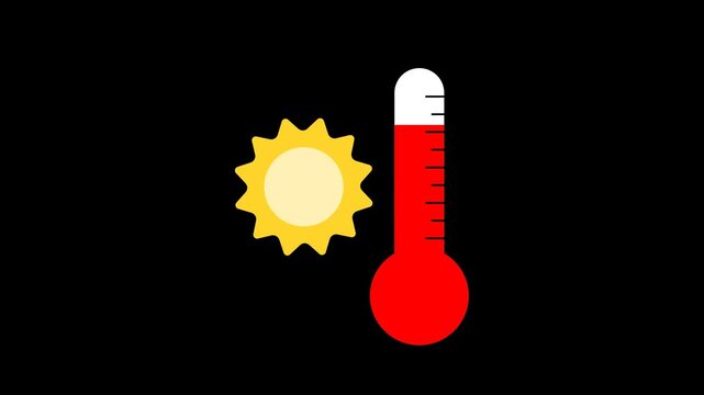 Seamless looping red hot thermometer animation with a rotating sun symbol. Summer and high temperature motion graphic on a transparent alpha channel for weather and heatwave themes