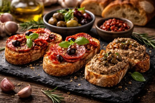 Rustic Italian starter with salami and pate bruschetta arranged on a black stone serving board