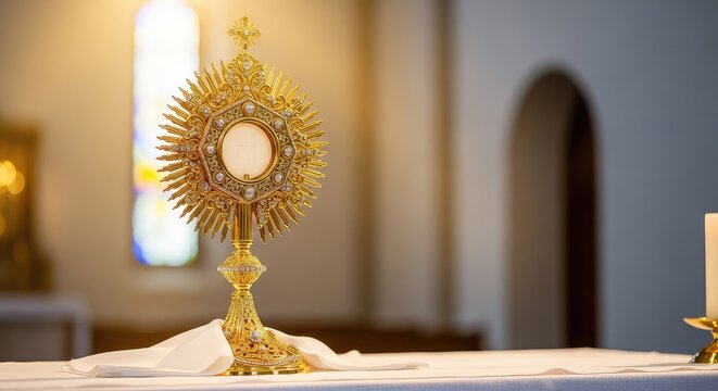 An intricate gold monstrance displays a consecrated host upon a religious altar, bathed in warm divine light within a peaceful sanctuary, radiant, worship, metal