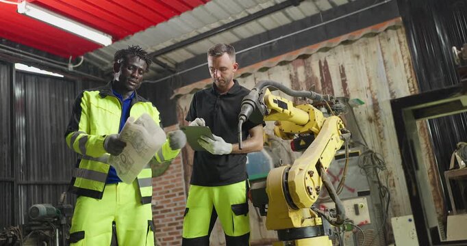 Supervisor Coaches Technician on Robotic Arm Maintenance with Technical Guidance