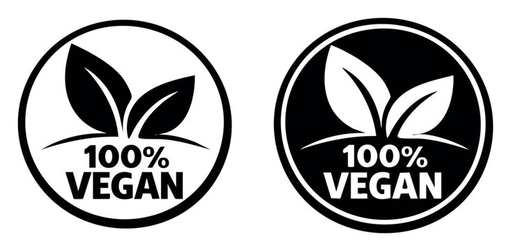 100% vegan certification labels illustrating plant-based product attributes, promoting healthy eating and ethical food choices