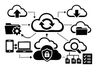 Fototapeta premium Cloud network integrating various digital processes including data transfer, synchronization, security, management, and information search