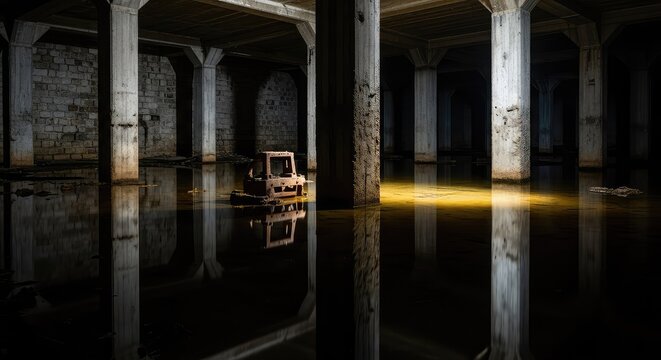 Dimly lit abandoned industrial basement with heavy concrete pillars, moist stone walls, and deep standing water reflecting the shadows, silent, pillars, dimness