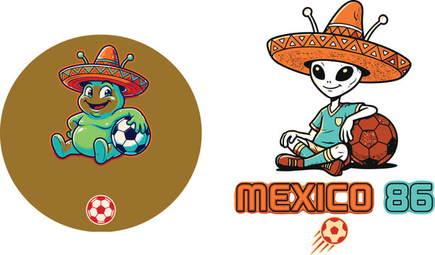 Vibrant soccer aliens in sombreros for mexico 1986