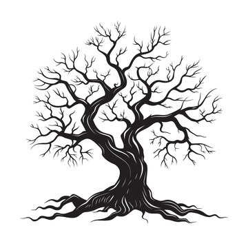 Dead tree silhouette vector illustration with twisted bare branches and exposed roots, isolated on white background.