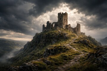 Obraz premium Ruined Castle on Elevated Terrain Under Cloudy Sky