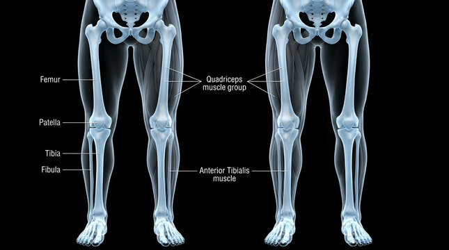 Human leg bones and muscles anatomy diagram
