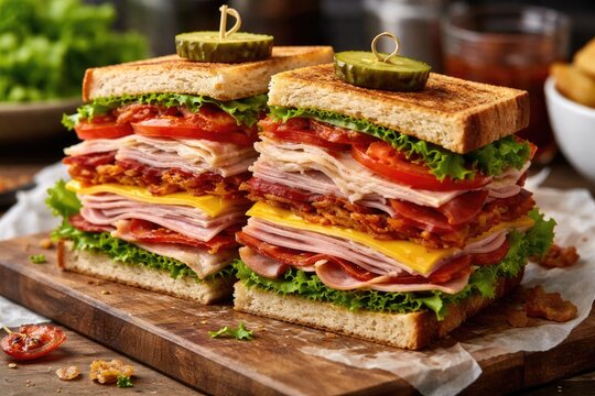 Classic club sandwich loaded with turkey bacon savory ham cheese slices tomato lettuce and pickle
