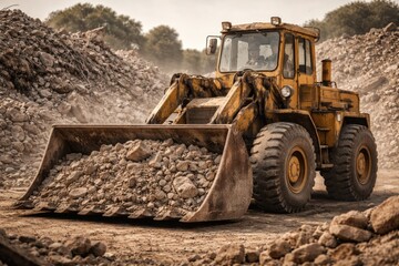 Fototapeta premium Retro style front loader operating wide bucket for loading concrete recycling material