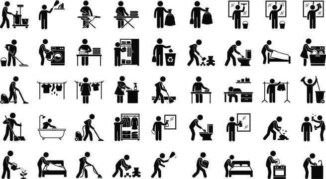 Black Silhouette Household Chores and Cleaning Activity Icon Set with People Doing Domestic Tasks for Home and Lifestyle Design