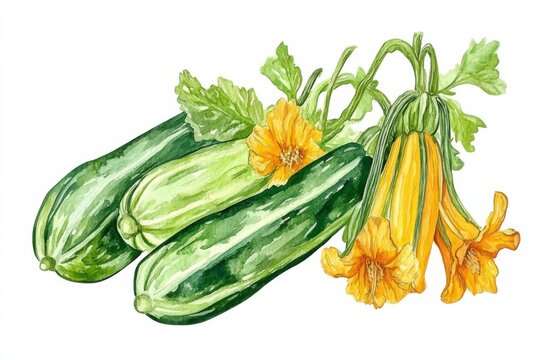 Fresh zucchini and squash with yellow flowers on a white background ready for cooking or gardening use
