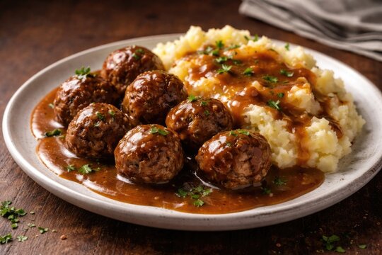 Tasty meatballs complemented by fluffy mashed potatoes and thick gravy on a plate with copy space