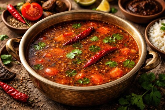 Authentic tomato rasam curry infused with chili, cumin, and tamarind for a warming meal