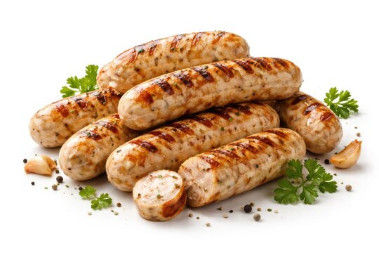 White background featuring fully cooked chicken sausages