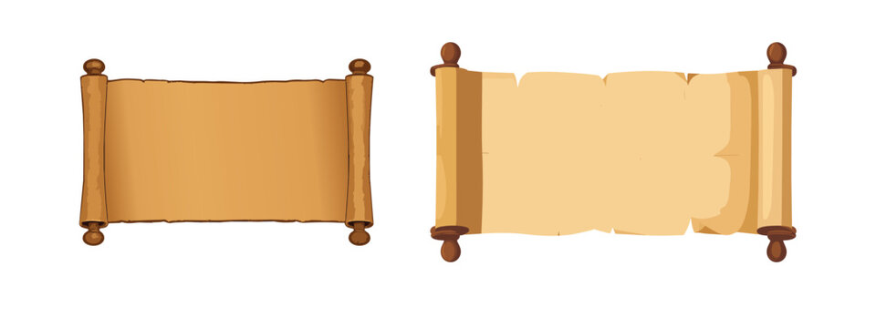 Vintage Antique Wooden Scroll Roll Vector Set with Old Parchment Paper and Aged Grunge Texture