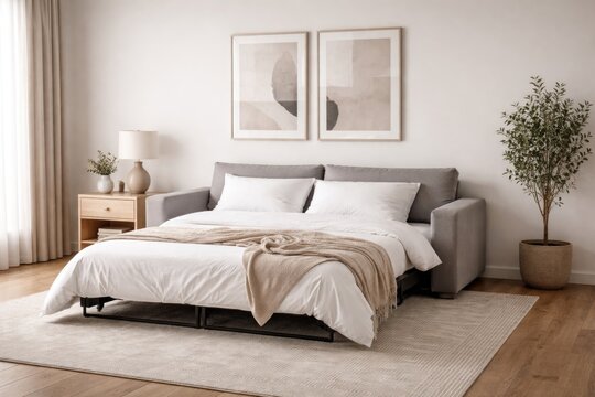 Modern minimalist room furnished with a sleeper couch adjacent to a white wall offering extra guest space