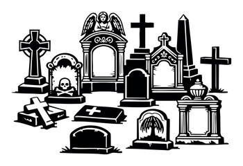 Naklejka premium Gravestone collection displaying diverse tombstone designs, including crosses, skull and crossbones, an angel statue, and an obelisk