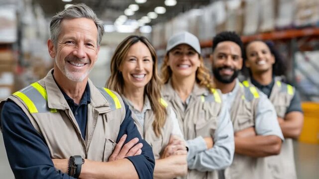 Warehouse Team Portrait: A collaborative team stands with arms crossed, smiling confidently in the warehouse environment. Capturing unity, collaboration and workforce.