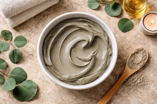 Top view of natural bentonite clay mask mix in white bowl for body wrap copy space
