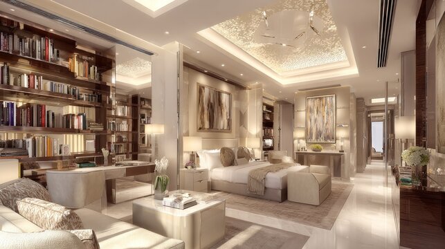 Luxurious, spacious master suite features contemporary design with integrated library and seating area