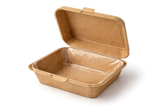 Natural brown eco-friendly takeaway box with sealed waterproof inside shown open against a white background