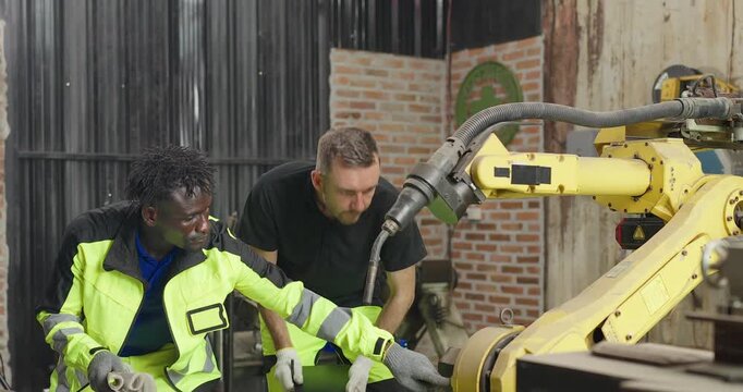 Supervisor Coaches Technician on Robotic Arm Maintenance with Technical Guidance