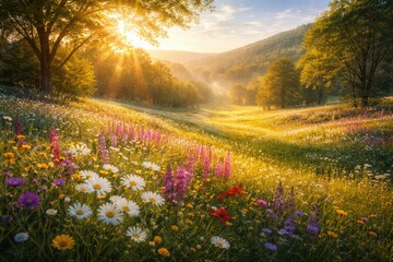 Obraz premium Radiant spring landscape showcasing a wide flower-covered meadow in sunlight