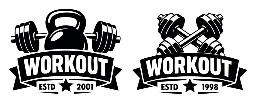 Set of minimalist black and white gym logos featuring workout equipment for strength, fitness, and bodybuilding clubs