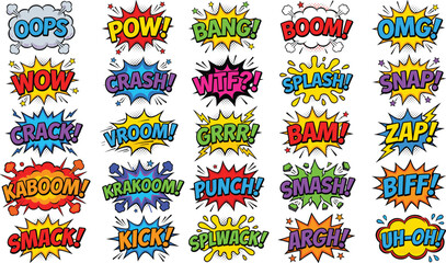 Colorful Comic Book Sound Effect Speech Bubble Set with Pow, Bang, Boom, Zap, and Action Word Expressions for Pop Art Design © Mifta