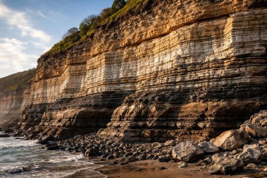 Geological coastal section displaying limestone sandstone siltstone and mudstone layers