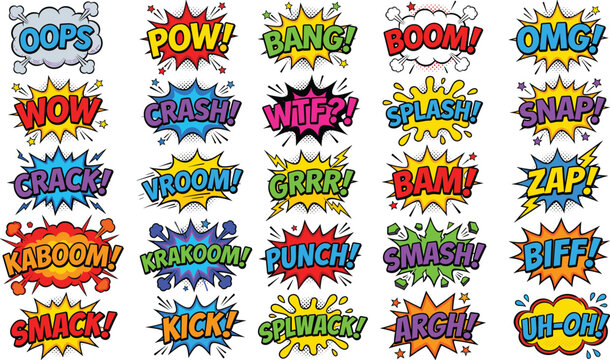 Colorful Comic Book Sound Effect Speech Bubble Set with Pow, Bang, Boom, Zap, and Action Word Expressions for Pop Art Design