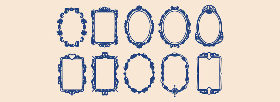 Ornate blue frames, Decorative border set, Vintage picture frames, Classic mirror borders, Elegant photo frames, Baroque style graphics, Digital frame collection

