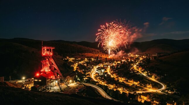 Night View of a Mining Town with Fireworks and Illuminated Tower
