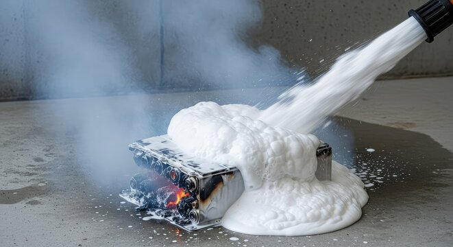 White chemical foam sprays from a nozzle onto a smoldering lithium ion battery pack releasing thick grey smoke on a generic concrete floor, foam, risk, smoldering
