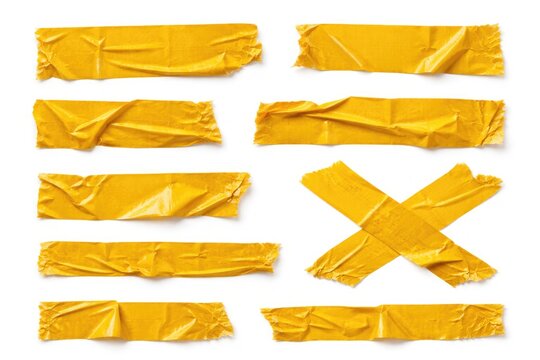 Set of irregular yellow sticky tape pieces with torn edges isolated on white
