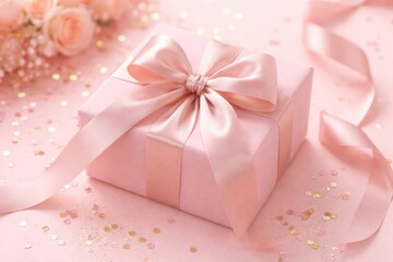 Naklejka premium Soft pink gift box with smooth satin ribbon placed on pastel pink tabletop for joyful occasions