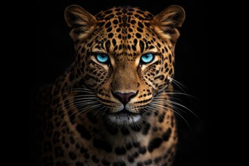 Fototapeta premium Portrait close up of a beautiful leopard showing electric blue eyes contrasted with a deep dark background emphasizing its elegance