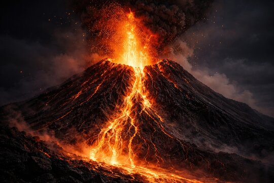 Molten lava streaming down from volcanic crater during eruption