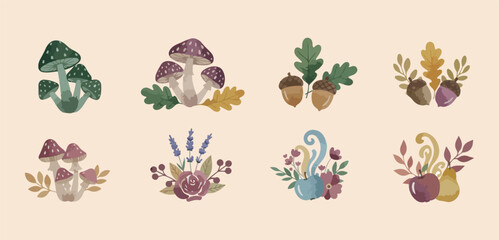 Nature autumn foliage, Botanical leaf icons, Mushroom and acorn doodles, Fall season graphics, Forest floor illustrations, Woodland nature set, Harvest time clip art   © Geetaroy