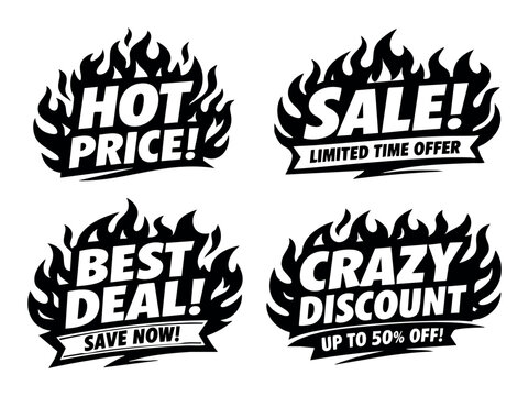 Illustrating various burning promotional labels for marketing and retail, indicating special offers, price reductions, and savings
