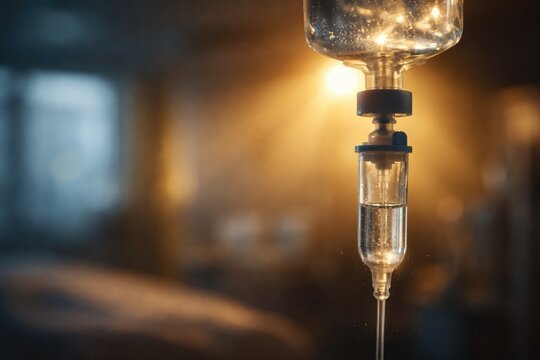 Rehydration medical saline infusion highlighted by yellow flare and copy space