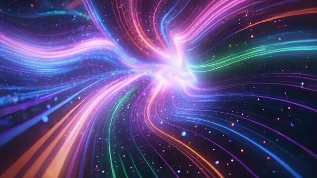 Dynamic neon light trails create a vibrant, swirling tunnel of data and energy, flowing with glowing particles, perfect for technology and futuristic themes
