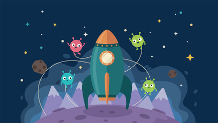 Cartoon rocket ship, Space exploration icons, Cute alien characters, Galaxy travel illustration, Sci-fi adventure graphics, Outer space doodles, Astronaut mission set   © Geetaroy