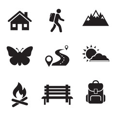 Fototapeta premium Outdoor recreation and camping vector icon set. Hiking, nature, travel, and park black silhouettes isolated 