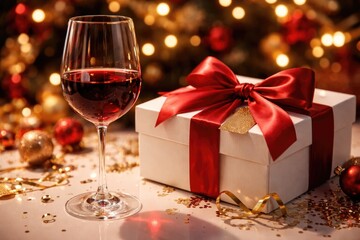Naklejka premium Party atmosphere with a glass of red wine accompanied by a red satin bow adorned gift box on a white surface