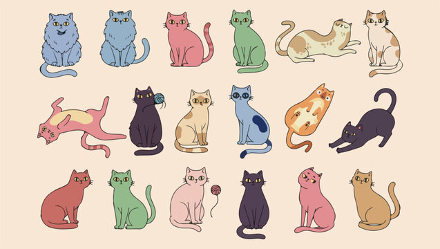 Colorful cat characters, Cute kitten illustrations, Feline pet silhouettes, Multi colored cats set, Domestic animal doodles, Playful kitten stickers, Animal lover clip art

