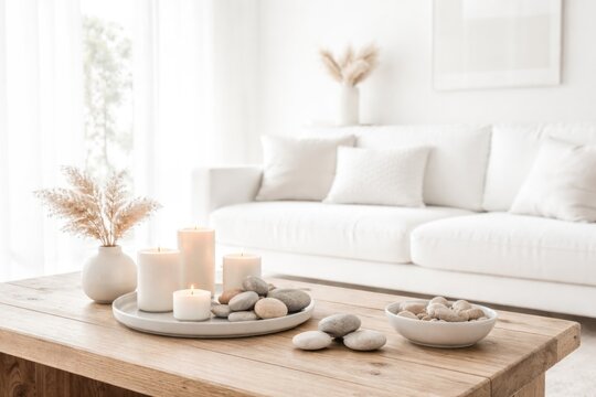 overexposed white interior design of a minimalist living area with wooden tabletop displaying candles and stones