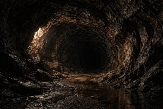 Realistic subterranean cavern showcasing rough stone texture and dark tunnel