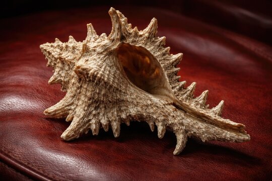 Seven inch fossilized giant Eastern Murex shell placed on smooth red leather surface